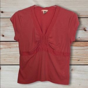 Pink Ruched Short Sleeve Top with Lace Detailing.